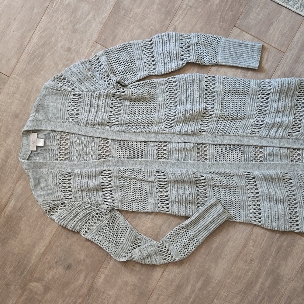 LOFT Long Gray Multi-Stitch Cardigan